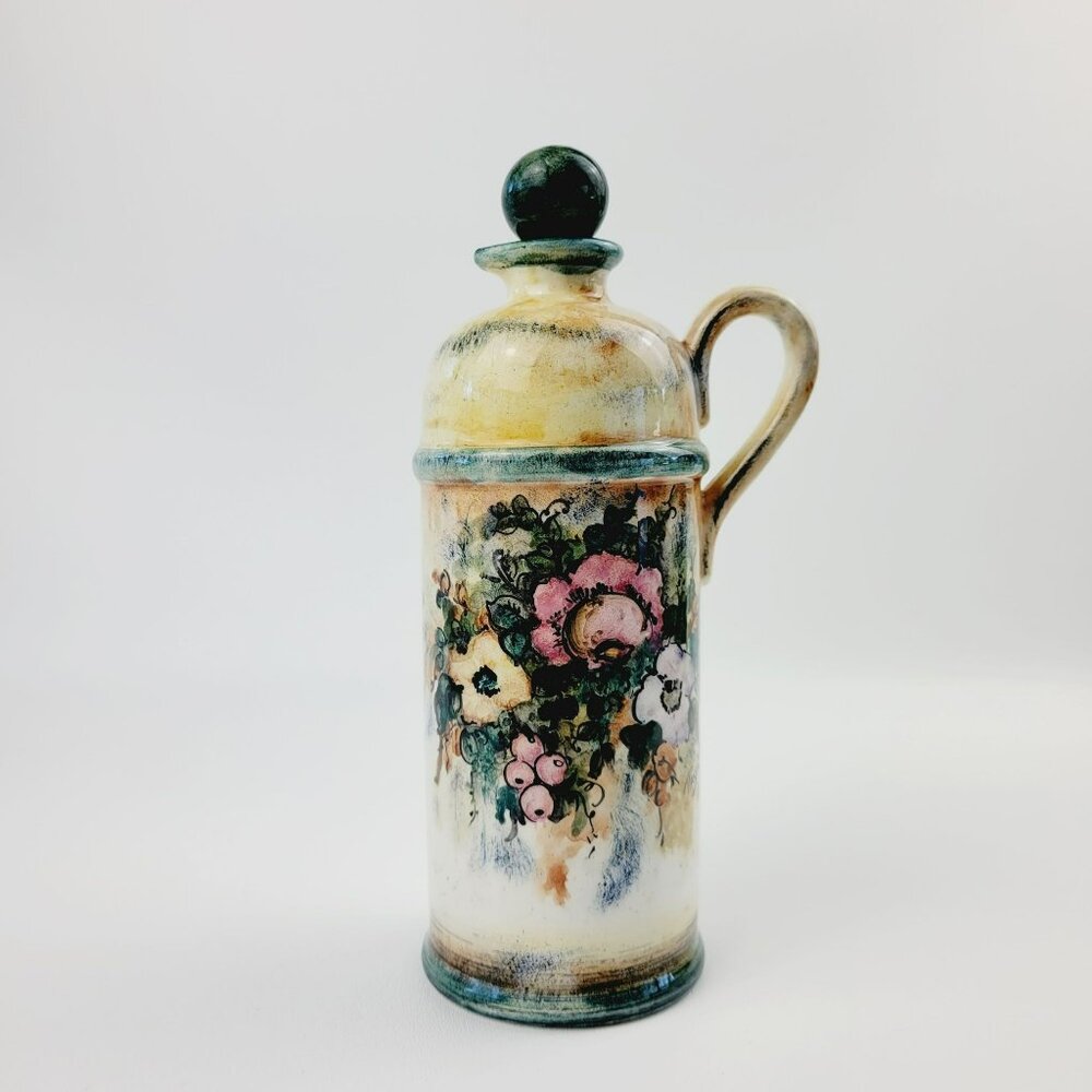 Vintage Greek Hand-Painted Floral Jug & Stopper, Impressionism Design, Signed
